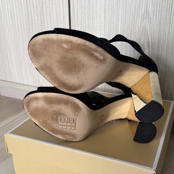 Michael Kors Black Suede Peep-Toe High Heels with Gold Block Heel - Picture 3 of 5